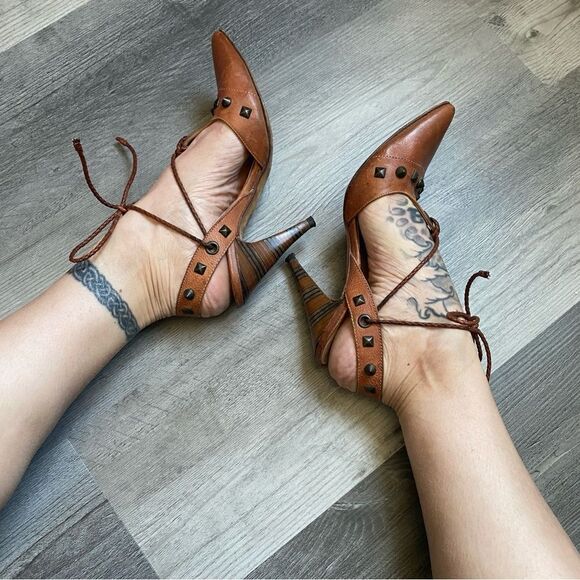 Georgina Goodman Heels Brown Leather Ankle Lace Up Studded Designer - Picture 4 of 11